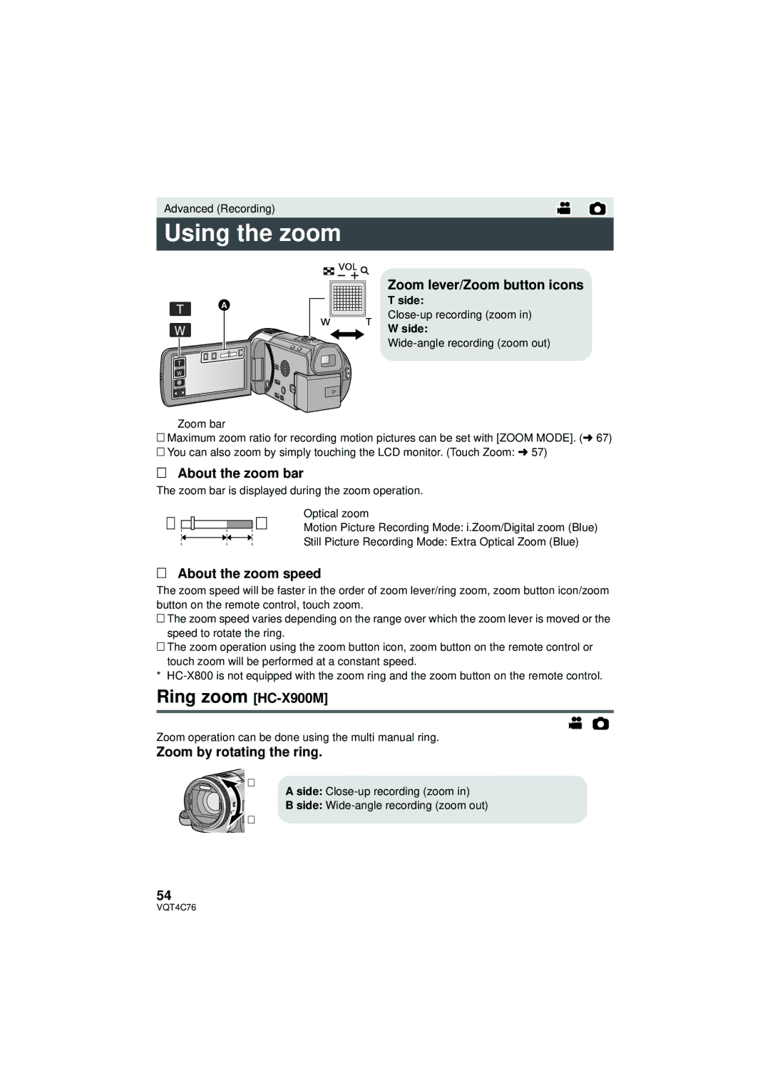 Panasonic owner manual Using the zoom, Ring zoom HC-X900M 