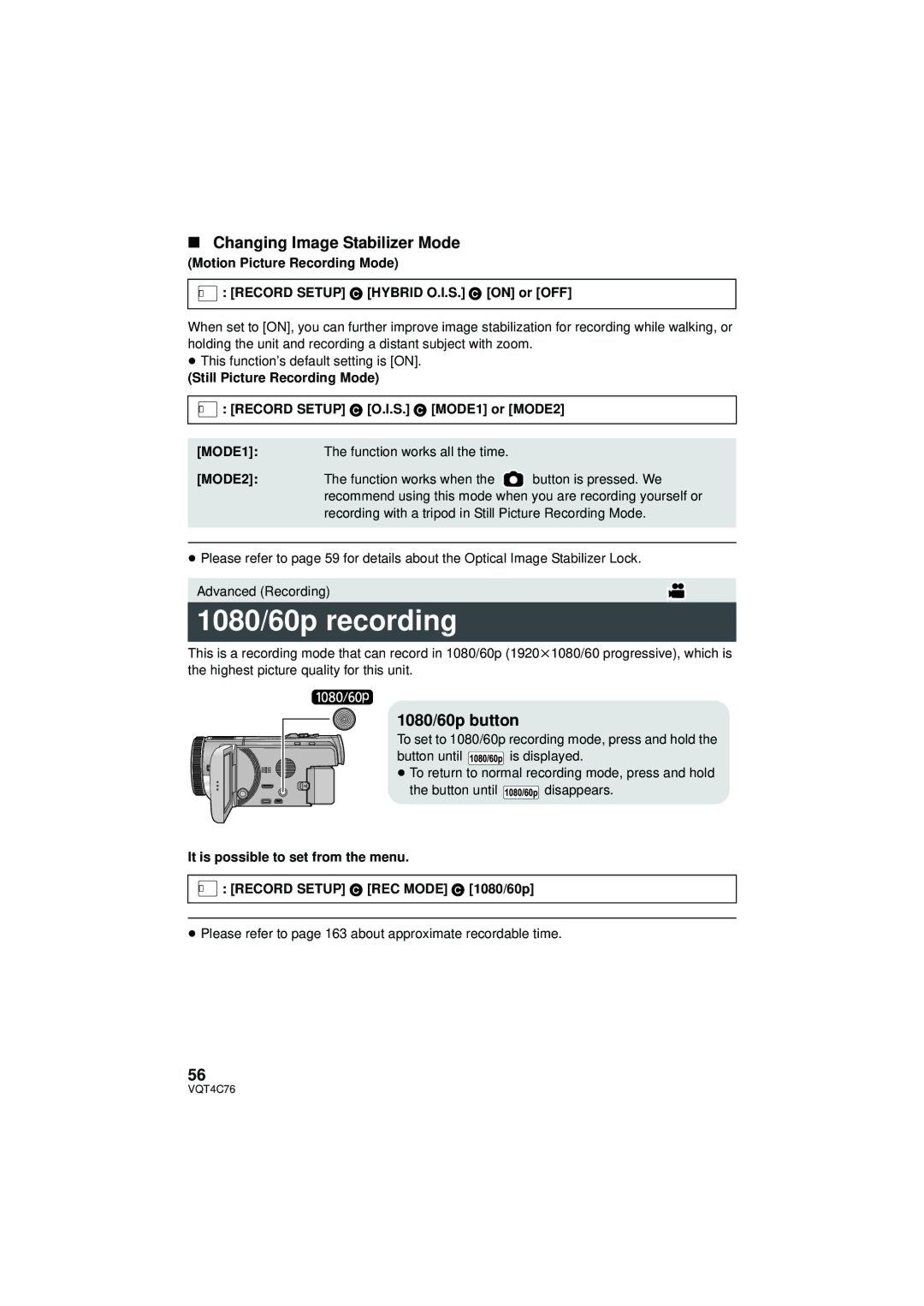 Panasonic HC-X900M owner manual 1080/60p recording, Changing Image Stabilizer Mode, 1080/60p button 