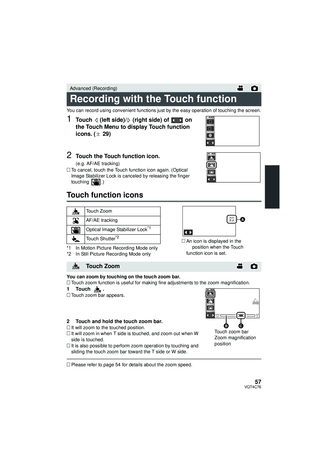 Panasonic HC-X900M Recording with the Touch function, Touch function icons, Touch Zoom, Touch and hold the touch zoom bar 