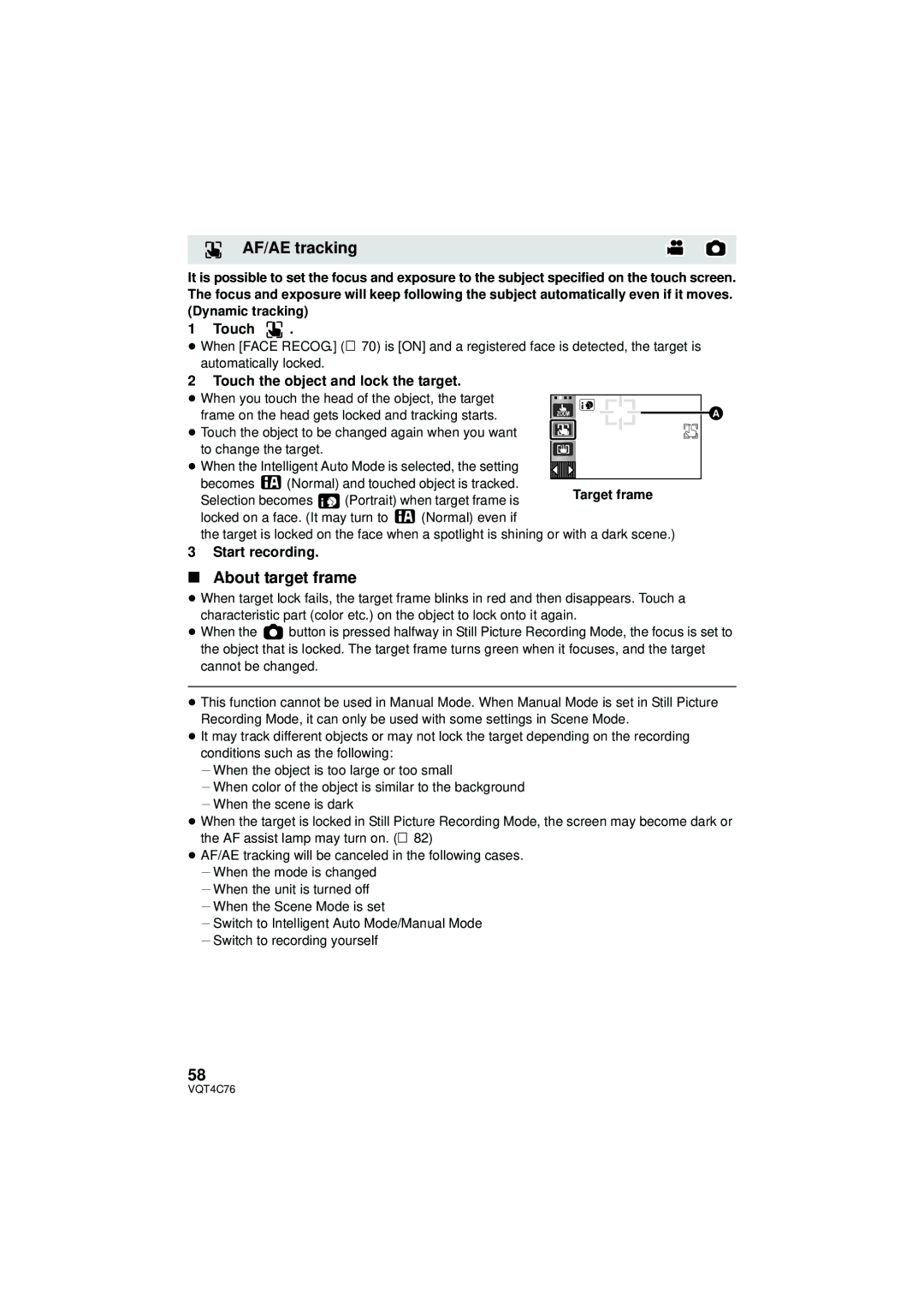 Panasonic HC-X900M owner manual AF/AE tracking, About target frame, Touch the object and lock the target, Start recording 