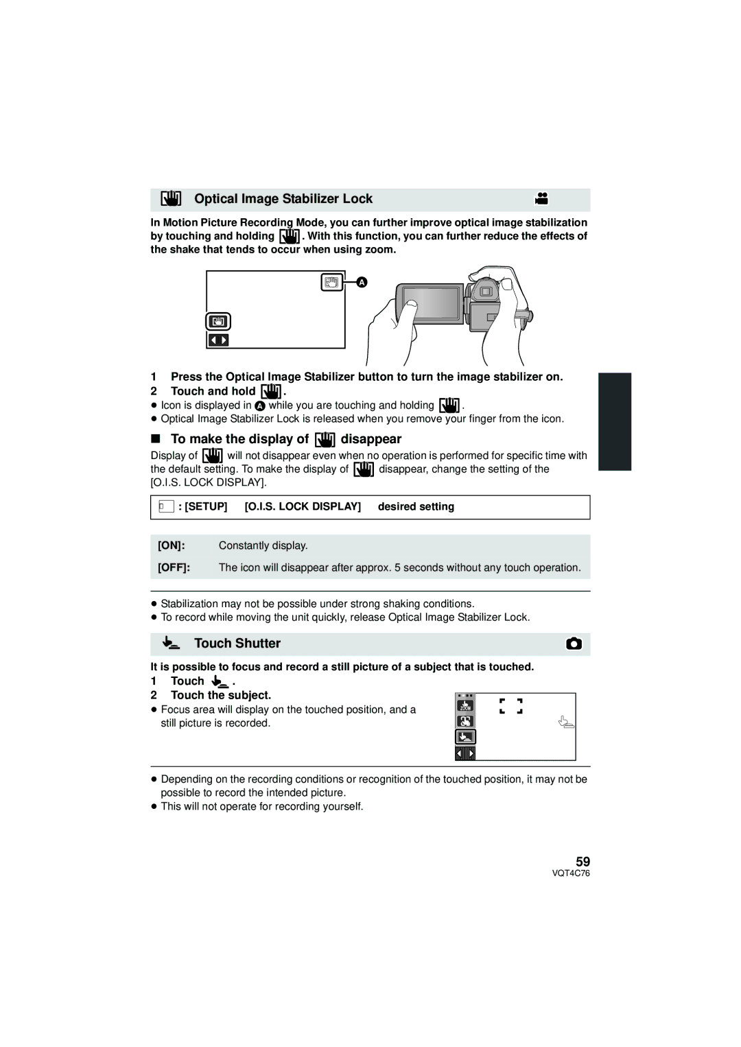 Panasonic HC-X900M Optical Image Stabilizer Lock, To make the display of disappear, Touch Shutter, Touch Subject 