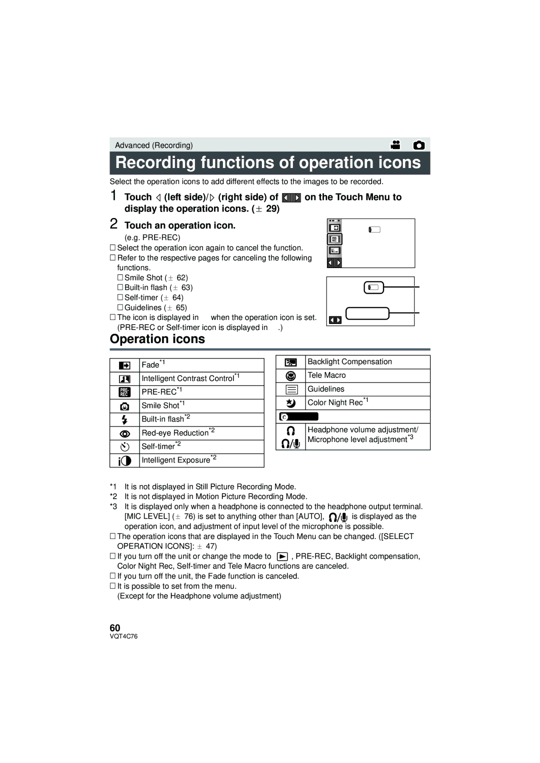 Panasonic HC-X900M Recording functions of operation icons, Operation icons, Fade*1 Intelligent Contrast Control*1 