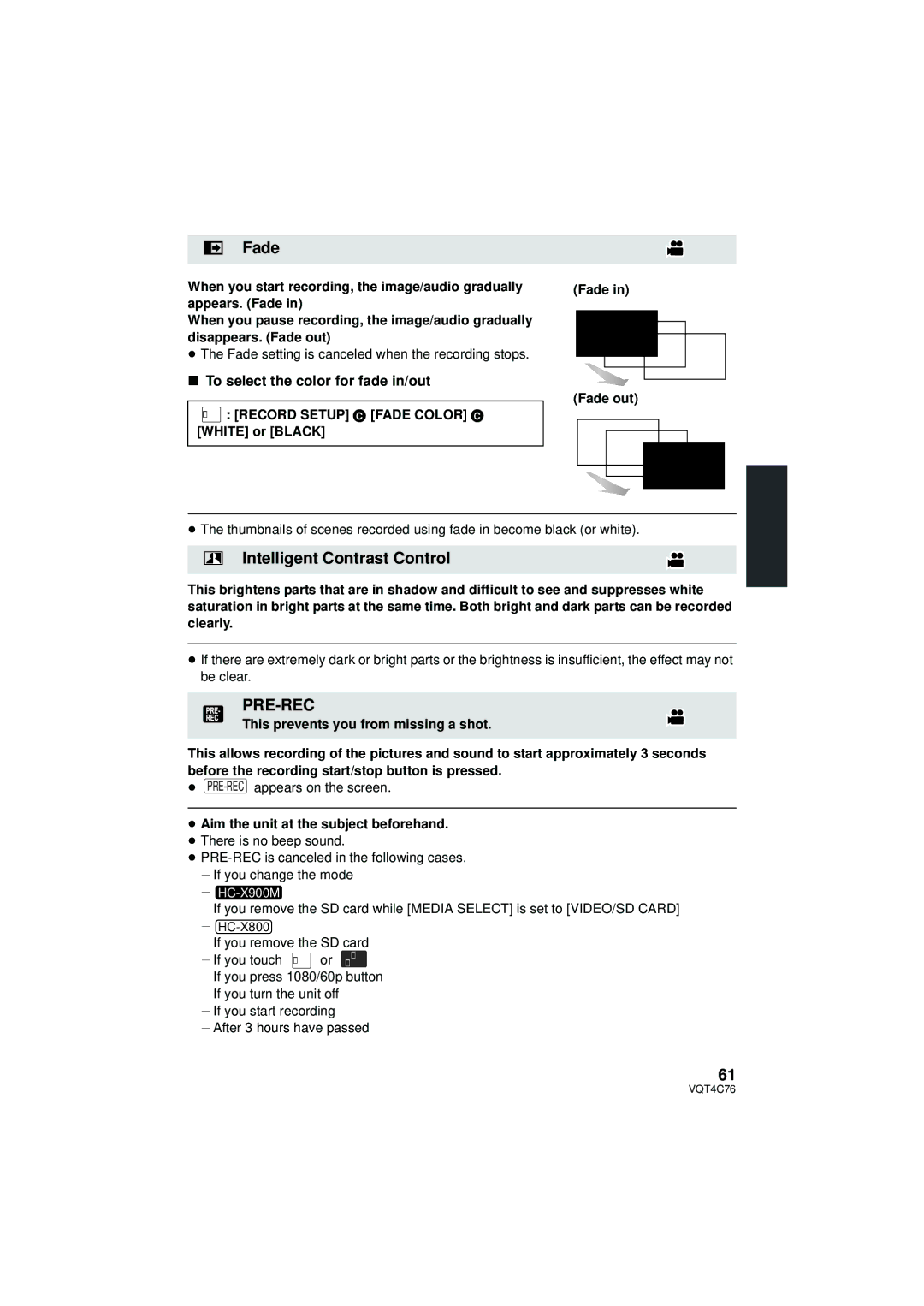 Panasonic HC-X900M owner manual Fade, Intelligent Contrast Control, Pre-Rec, To select the color for fade in/out 