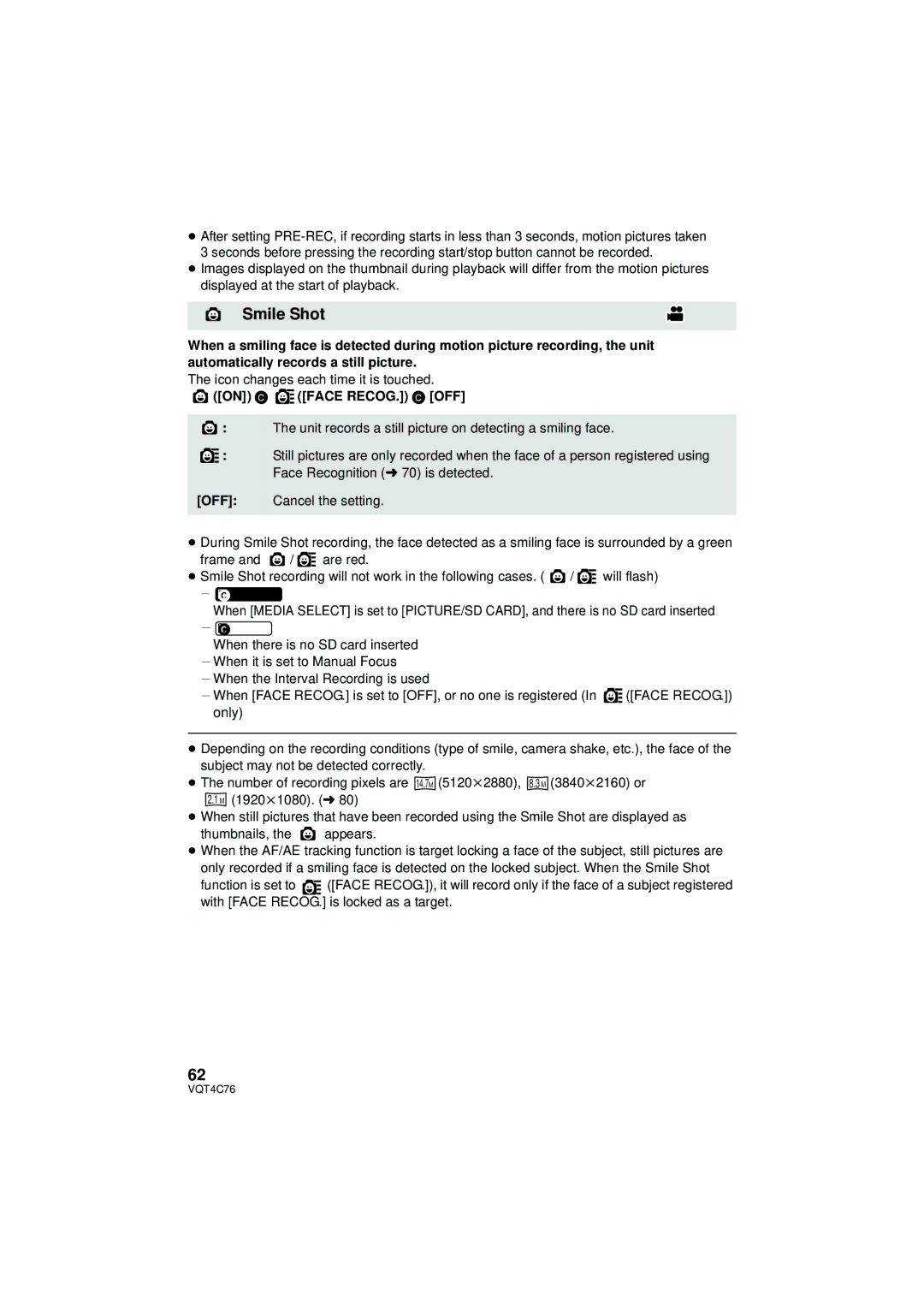 Panasonic HC-X900M owner manual Smile Shot, Icon changes each time it is touched, On # Face RECOG. # OFF 