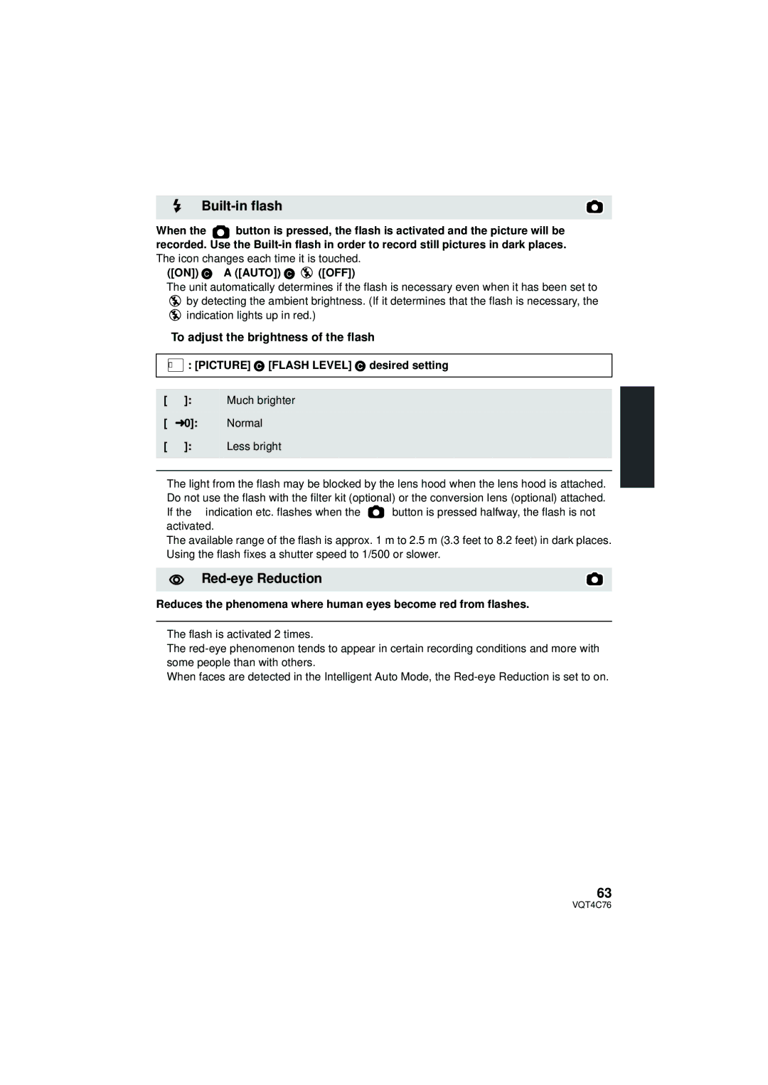 Panasonic HC-X900M owner manual Built-in flash, Red-eye Reduction, To adjust the brightness of the flash 