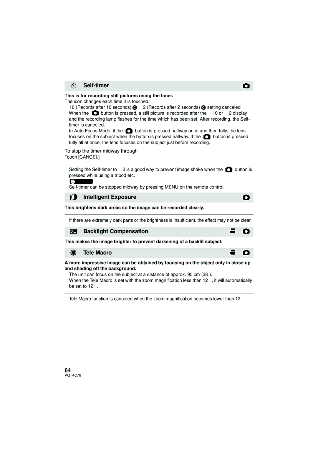 Panasonic HC-X900M owner manual Self-timer, Intelligent Exposure, Backlight Compensation, Tele Macro 