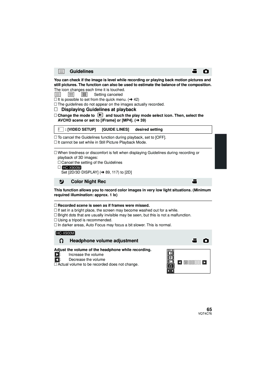 Panasonic HC-X900M owner manual Displaying Guidelines at playback, Color Night Rec, Headphone volume adjustment 