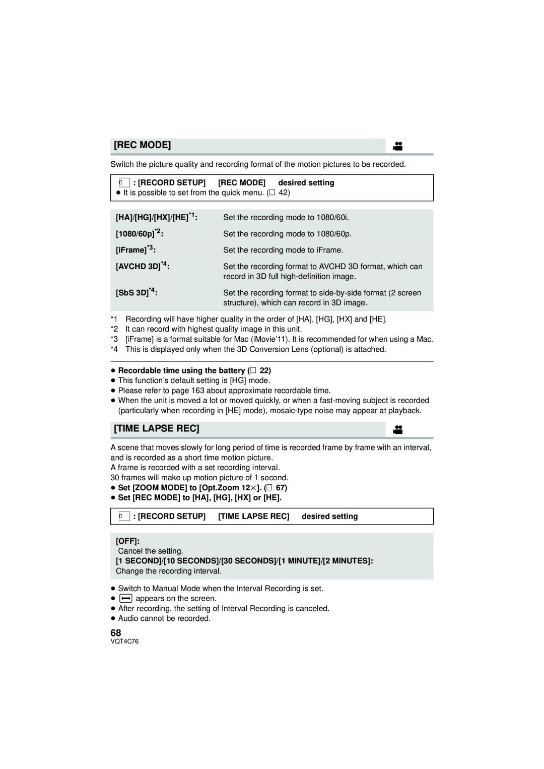 Panasonic HC-X900M owner manual Time Lapse REC, Menu Record Setup # REC Mode # desired setting 