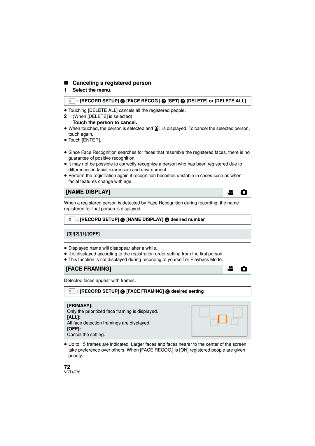 Panasonic HC-X900M Canceling a registered person, Name Display, Face Framing, Touch the person to cancel, Primary 