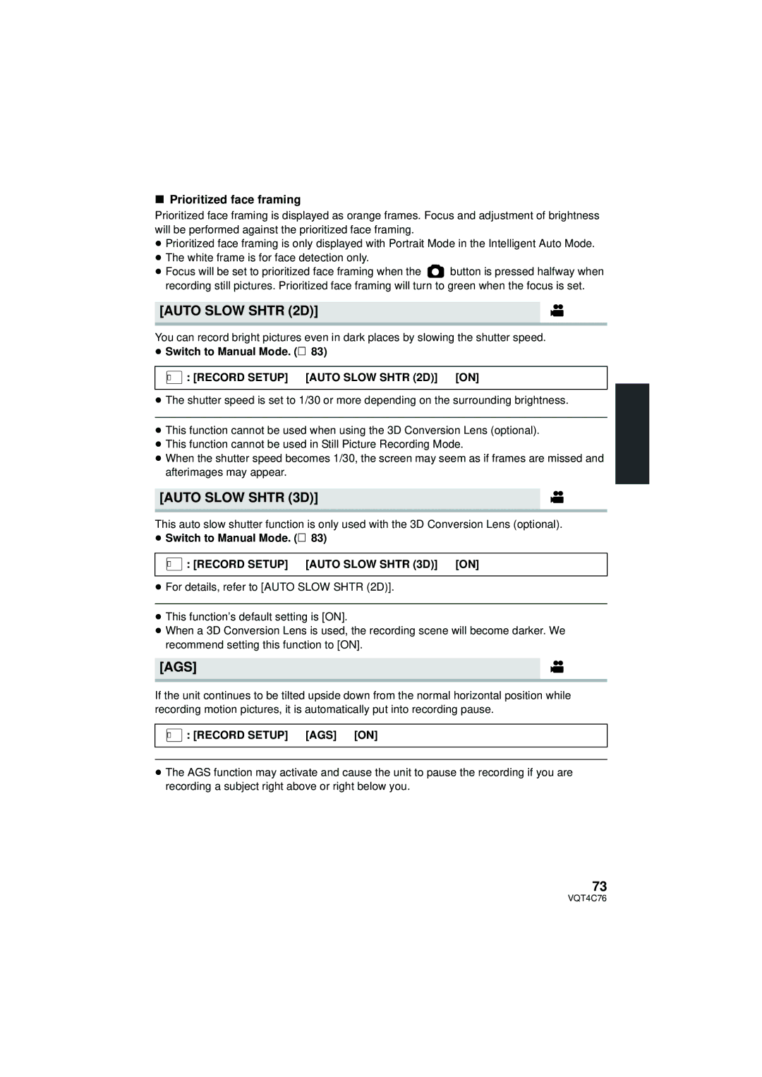 Panasonic HC-X900M owner manual Auto Slow Shtr 2D, Auto Slow Shtr 3D, Ags, Prioritized face framing 