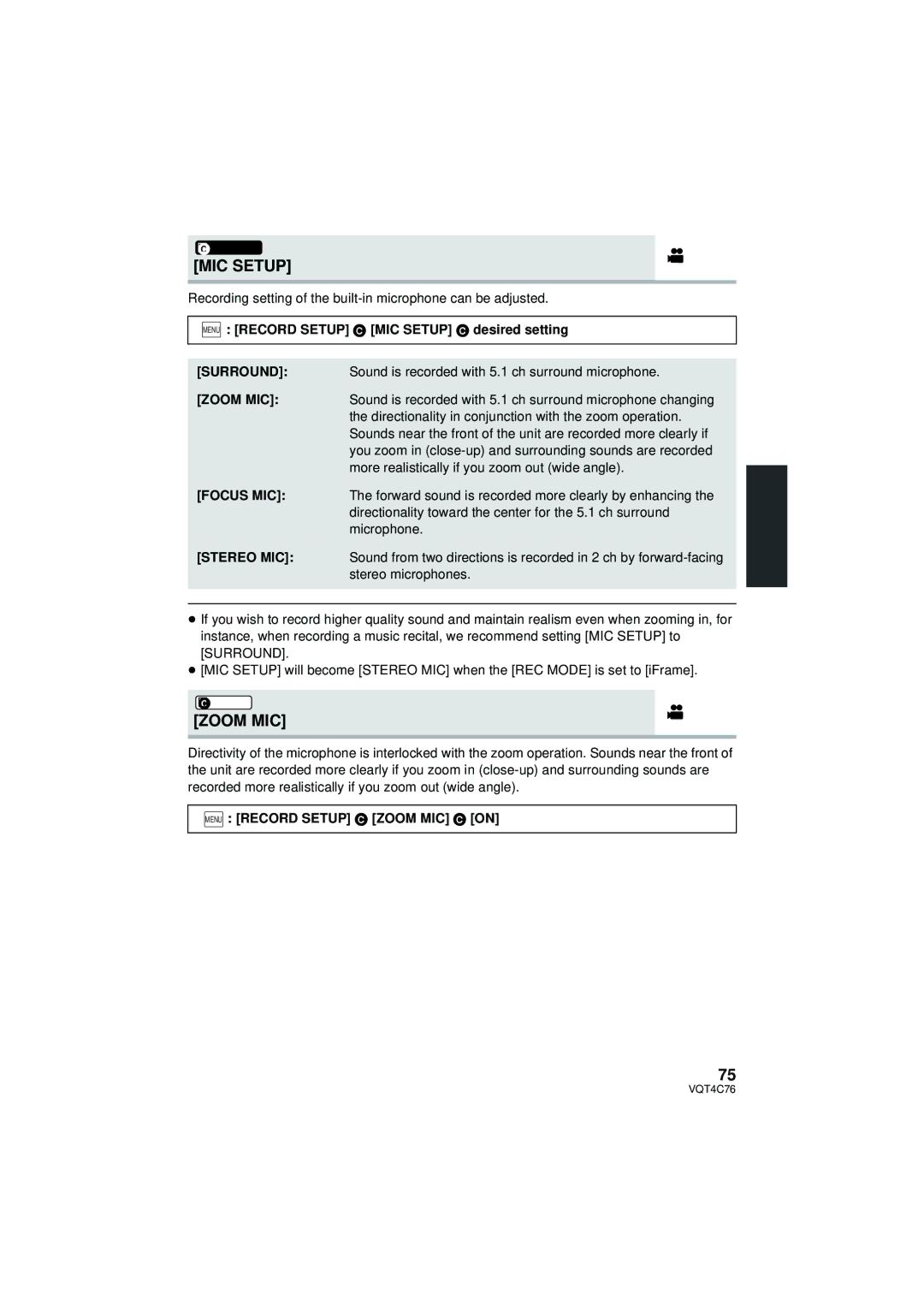 Panasonic HC-X900M owner manual Menu Record Setup # MIC Setup # desired setting, Menu Record Setup # Zoom MIC # on 