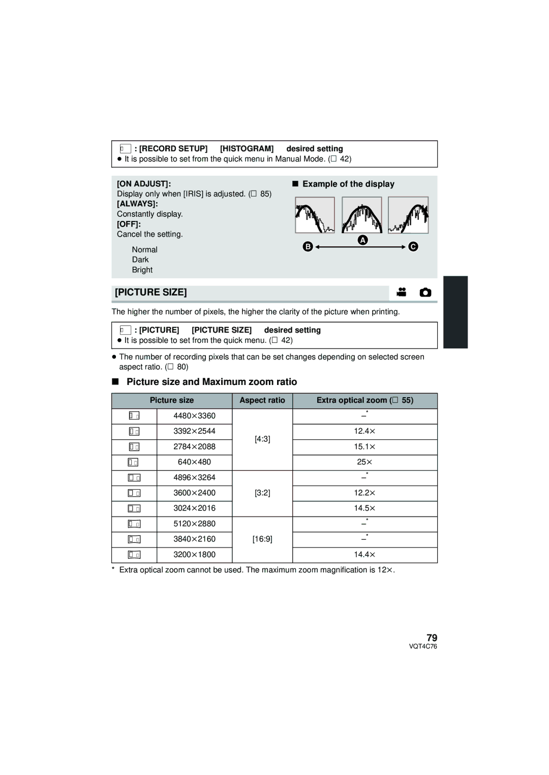 Panasonic HC-X900M owner manual Picture Size, Picture size and Maximum zoom ratio, Example of the display 