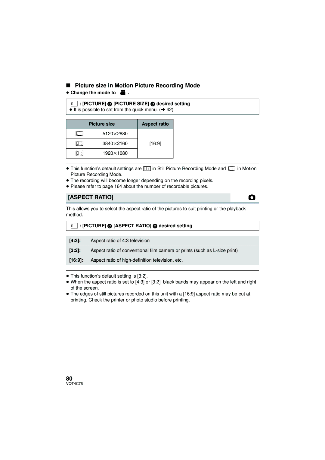 Panasonic HC-X900M owner manual Picture size in Motion Picture Recording Mode, Aspect Ratio, Picture size Aspect ratio 