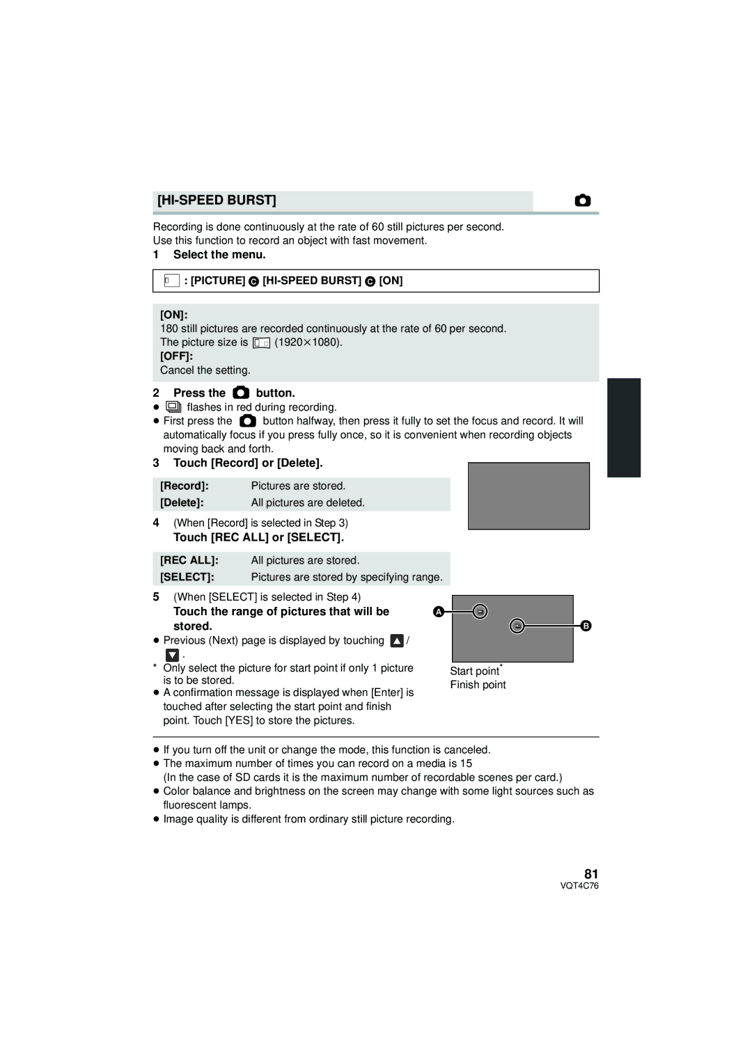 Panasonic HC-X900M owner manual HI-SPEED Burst, Press the button, Touch Record or Delete, Touch REC ALL or Select 