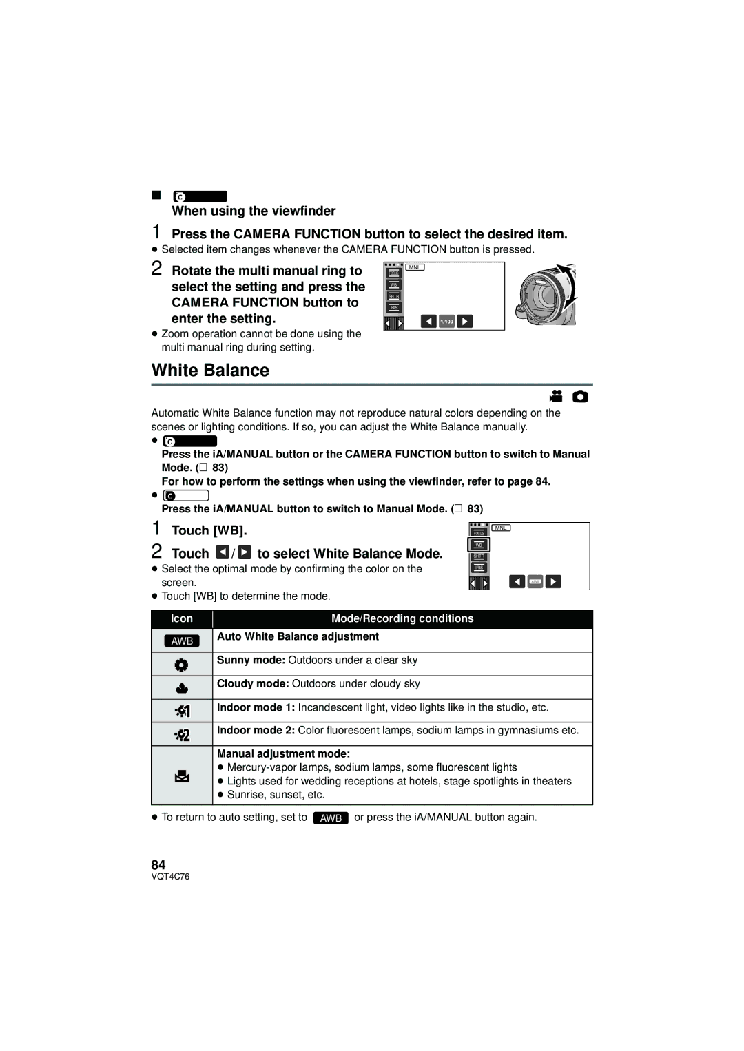 Panasonic HC-X900M owner manual Touch WB Touch / to select White Balance Mode, Icon Mode/Recording conditions 