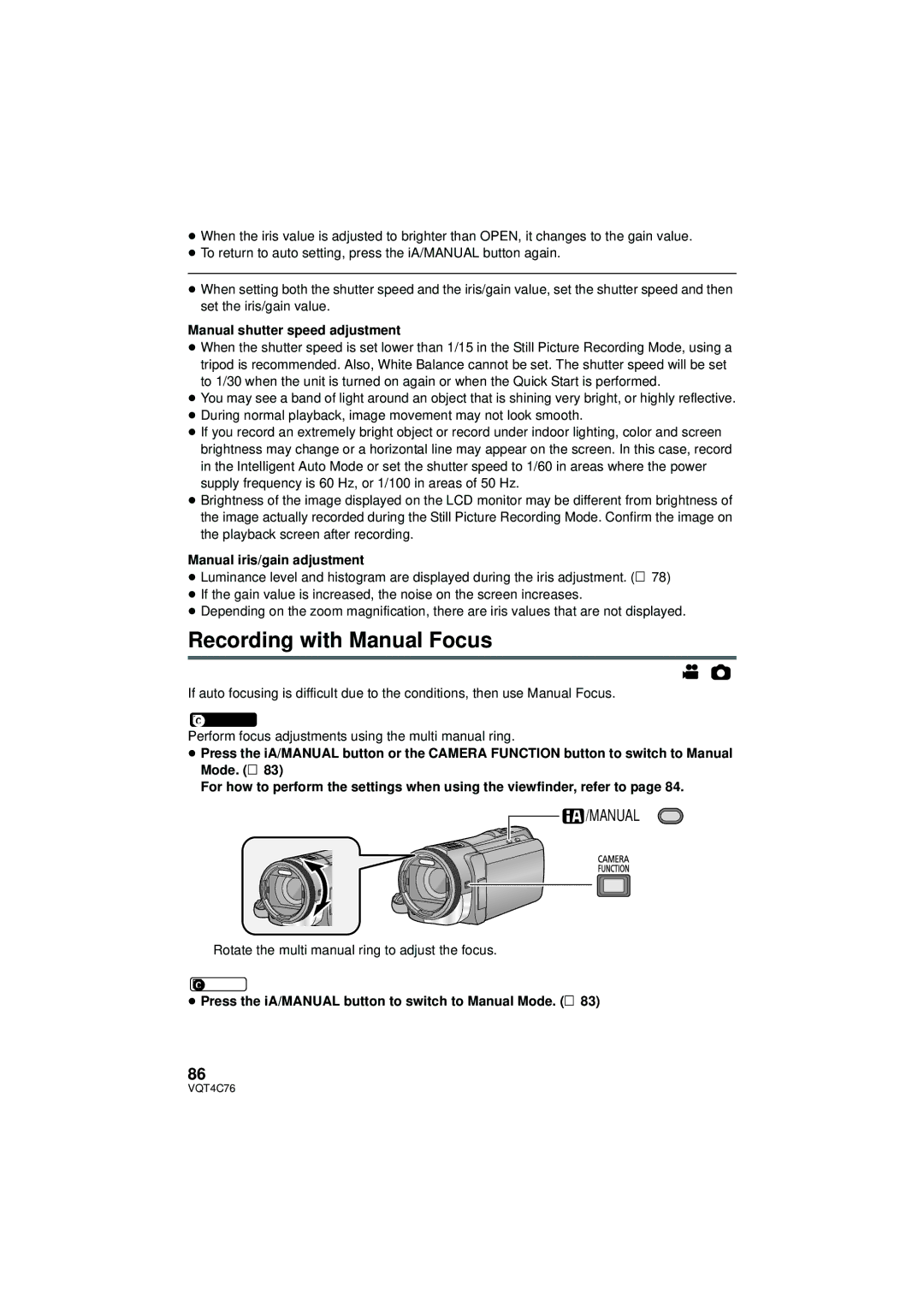 Panasonic HC-X900M owner manual Recording with Manual Focus, Manual shutter speed adjustment, Manual iris/gain adjustment 