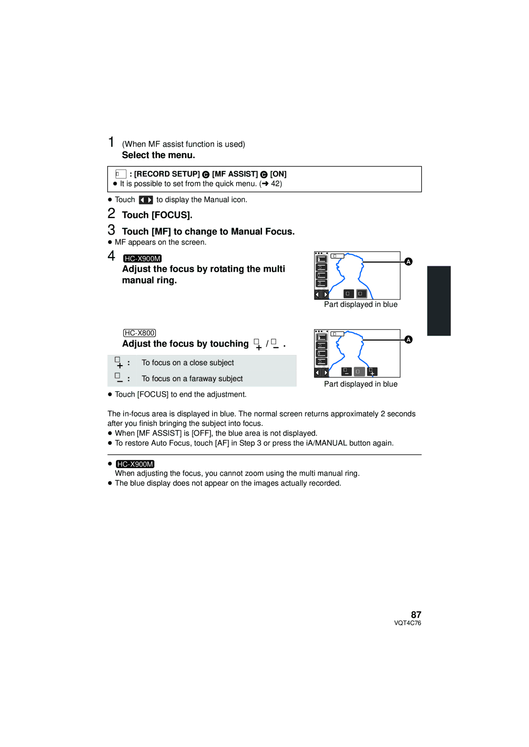 Panasonic HC-X900M owner manual Touch Focus Touch MF to change to Manual Focus, Adjust the focus by touching MF / MF 