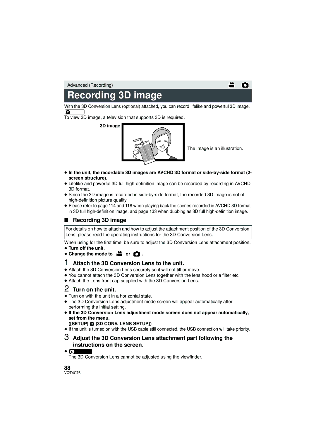 Panasonic HC-X900M owner manual Recording 3D image, Attach the 3D Conversion Lens to the unit, Turn on the unit 