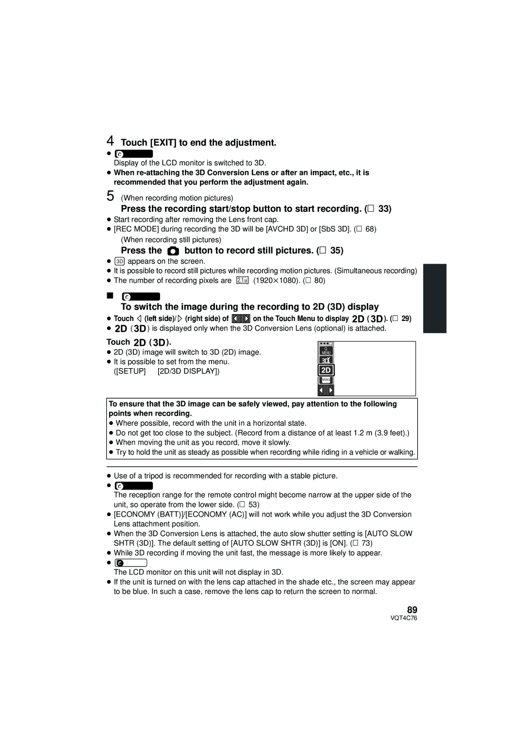 Panasonic HC-X900M Touch Exit to end the adjustment, Press the recording start/stop button to start recording. l 