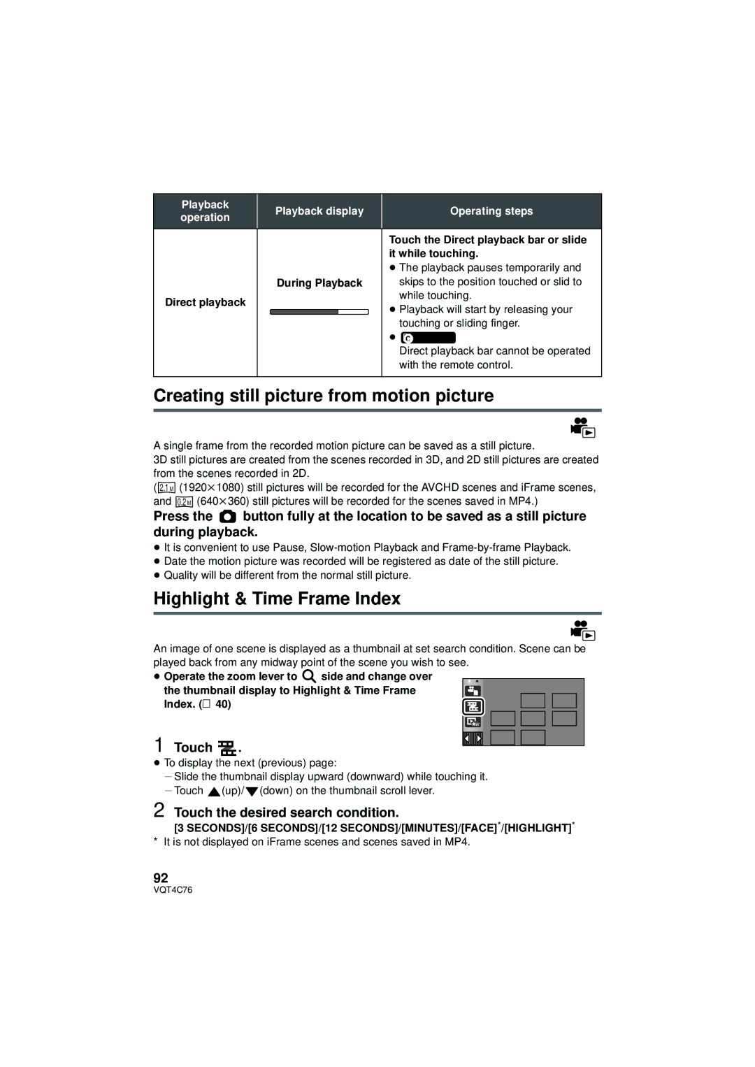 Panasonic HC-X900M owner manual Creating still picture from motion picture, Highlight & Time Frame Index 