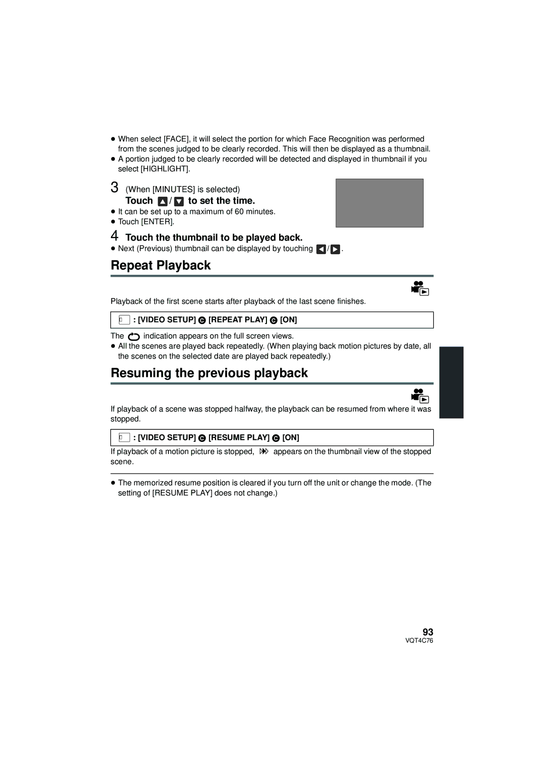 Panasonic HC-X900M owner manual Repeat Playback, Resuming the previous playback, Touch / to set the time 