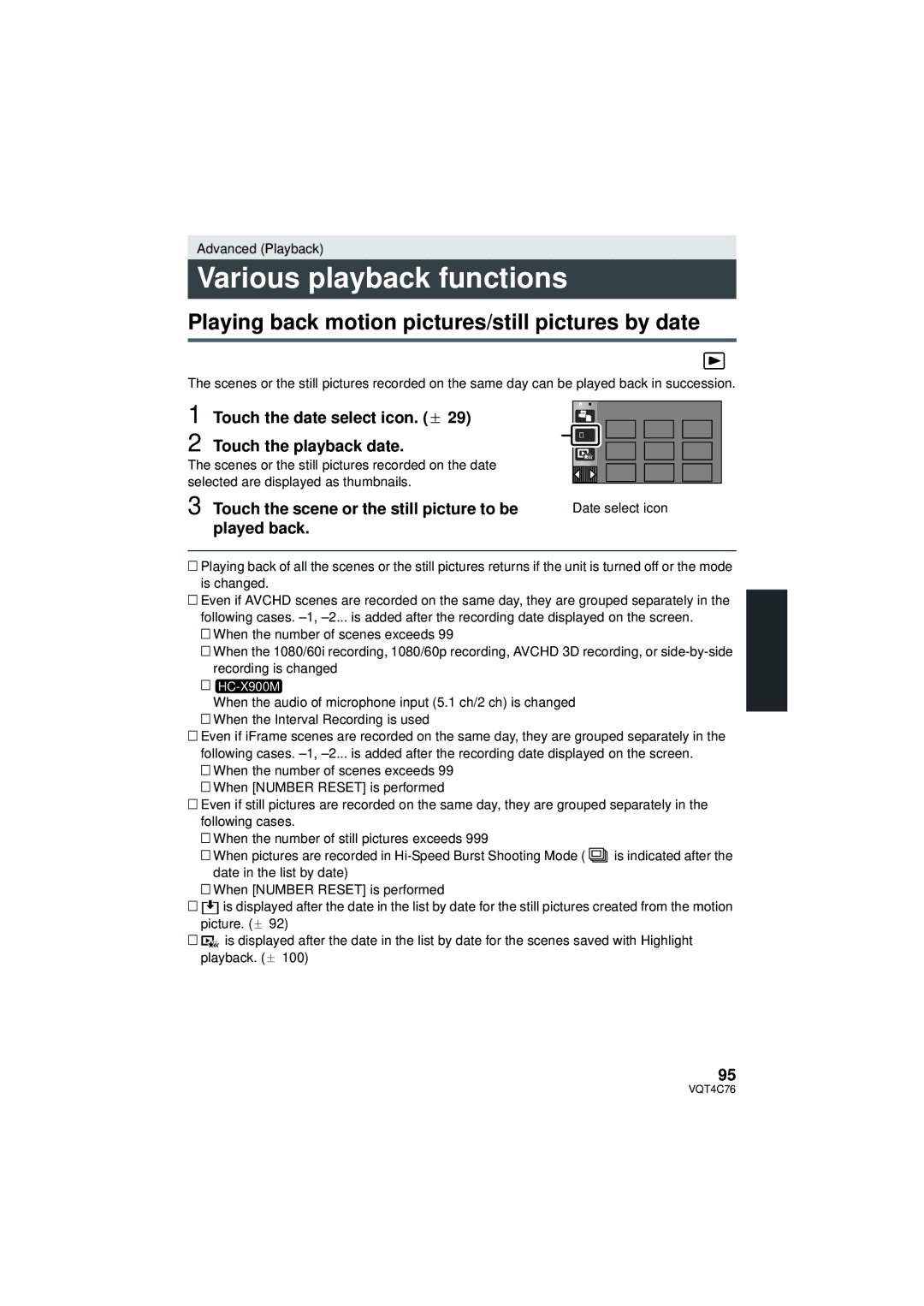 Panasonic HC-X900M Various playback functions, Playing back motion pictures/still pictures by date, Date select icon 