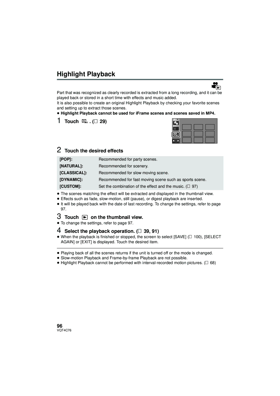 Panasonic HC-X900M owner manual Highlight Playback, Touch . l, Touch the desired effects, Touch on the thumbnail view 