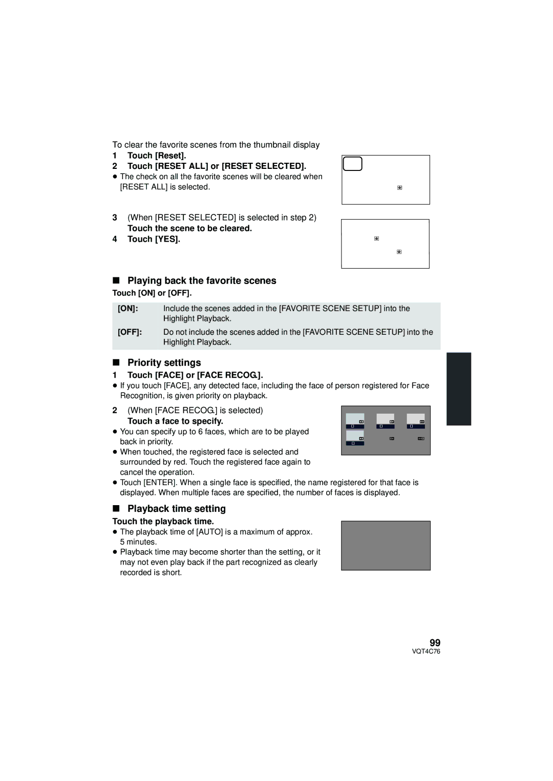 Panasonic HC-X900M owner manual Playing back the favorite scenes, Priority settings, Playback time setting 