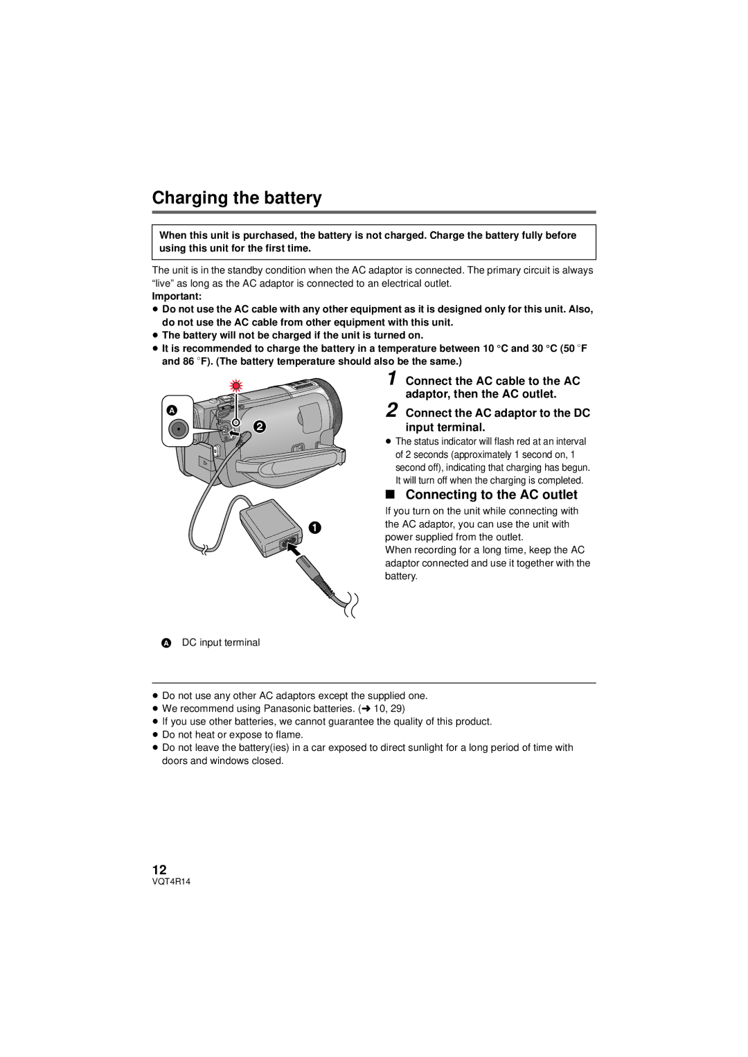 Panasonic HC-X910 Charging the battery, Connecting to the AC outlet, Connect the AC adaptor to the DC input terminal 