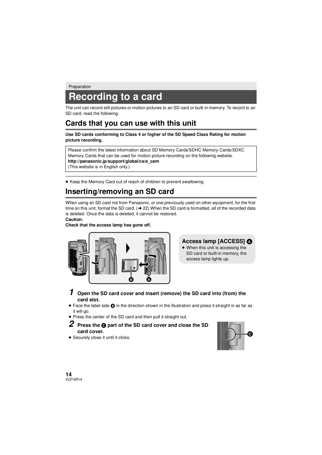 Panasonic HC-902M, HC-X910 Recording to a card, Cards that you can use with this unit, Inserting/removing an SD card 