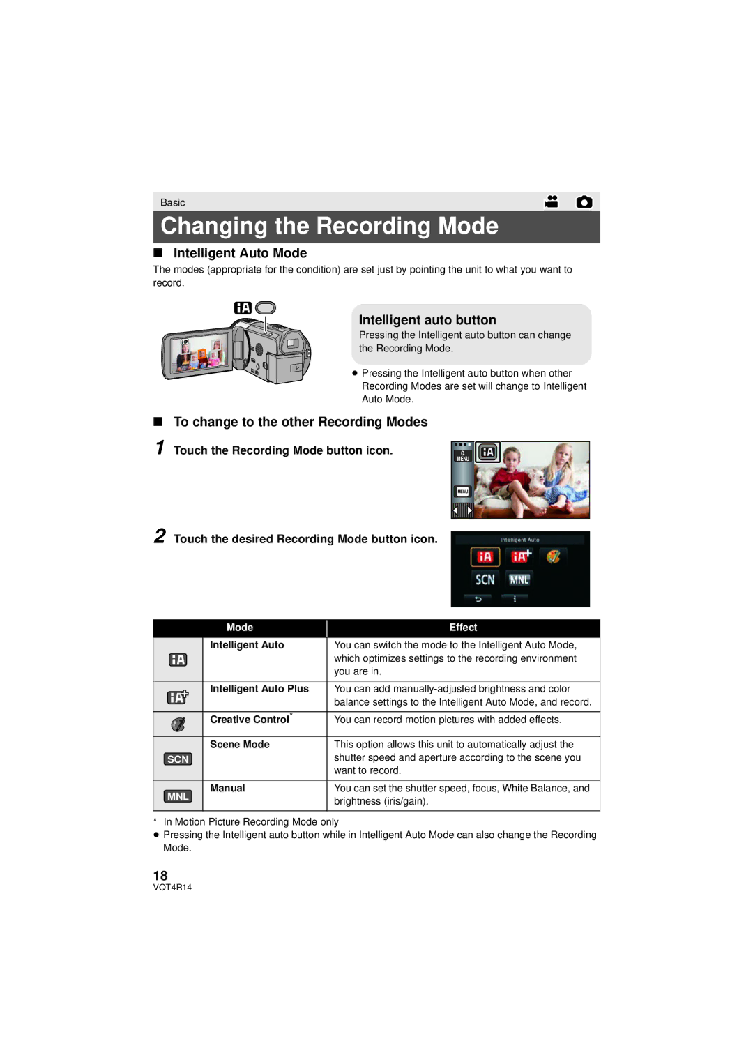 Panasonic HC-X910, HC_X902, HC-902M owner manual Changing the Recording Mode, Intelligent Auto Mode, Intelligent auto button 