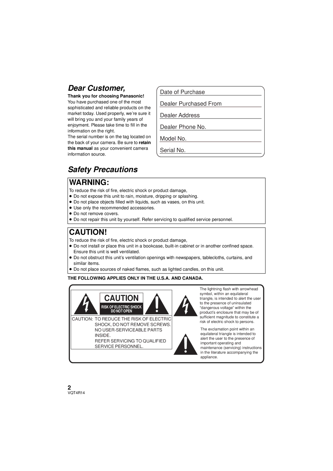 Panasonic HC-902M, HC-X910, HC_X902 owner manual Dear Customer 