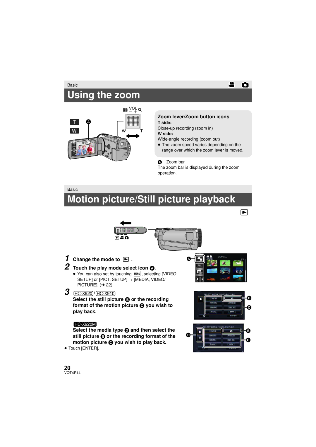 Panasonic HC-902M, HC-X910, HC_X902 Using the zoom, Motion picture/Still picture playback, Zoom lever/Zoom button icons 