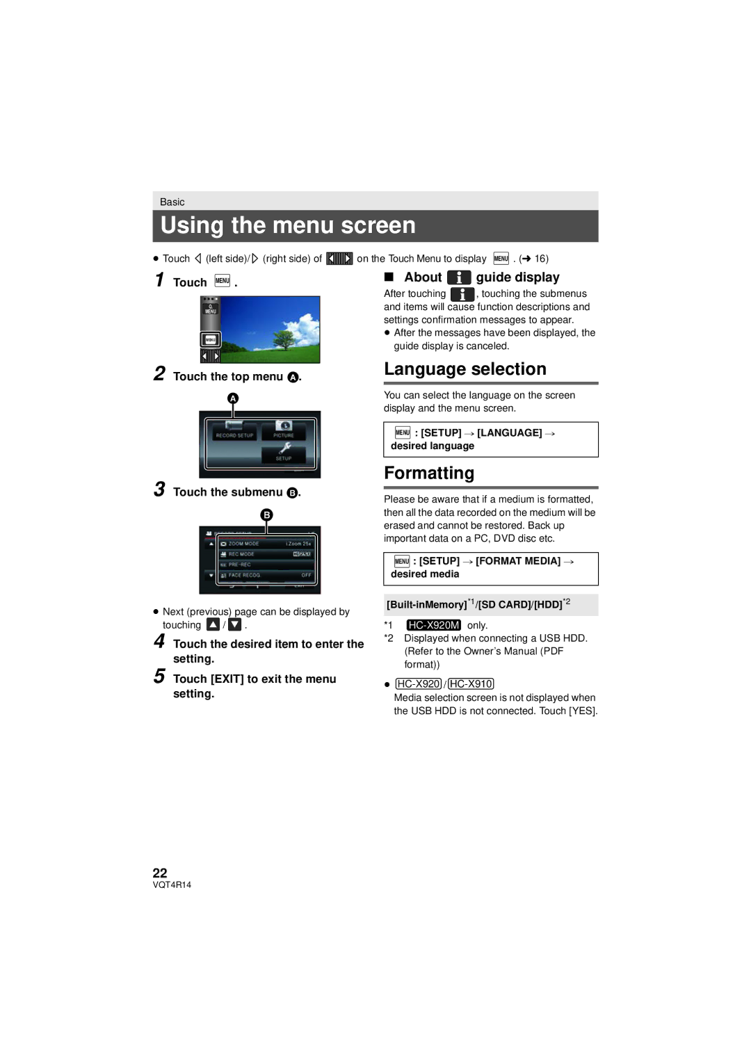 Panasonic HC_X902, HC-X910, HC-902M owner manual Using the menu screen, Language selection, Formatting, About guide display 