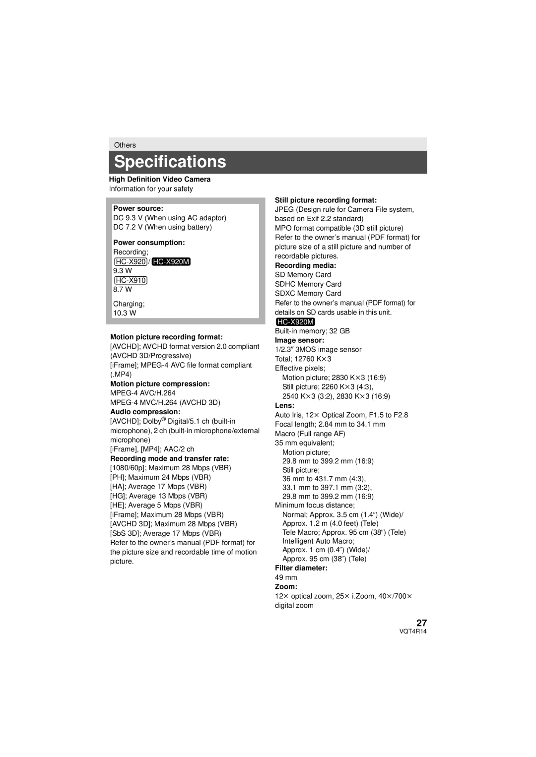 Panasonic HC-X910, HC_X902, HC-902M owner manual Specifications 