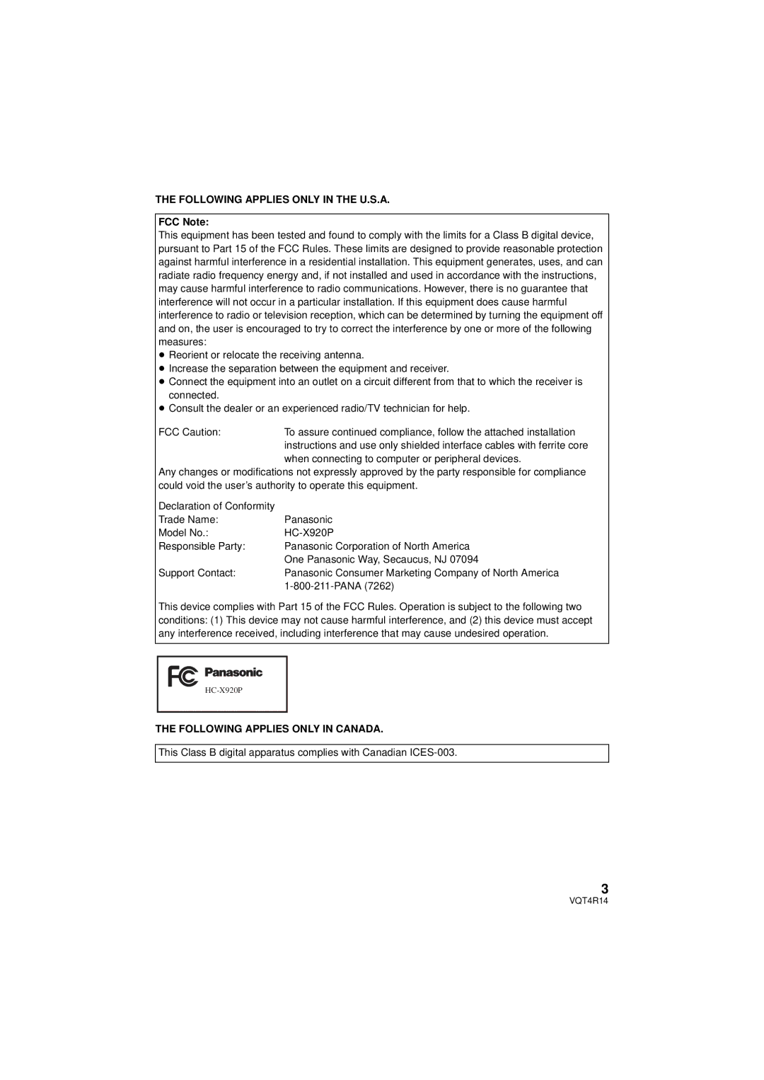 Panasonic HC-X910, HC_X902, HC-902M owner manual Following Applies only in the U.S.A, FCC Note 