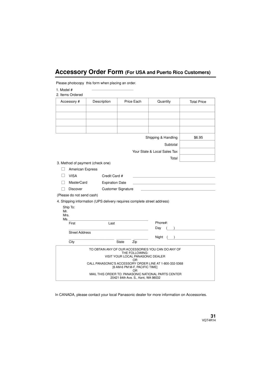 Panasonic HC_X902, HC-X910, HC-902M owner manual Accessory Order Form For USA and Puerto Rico Customers, Visa 