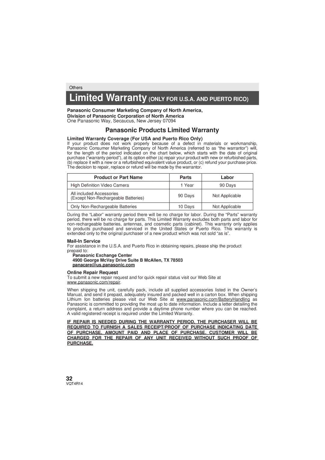 Panasonic HC-902M, HC-X910, HC_X902 owner manual Panasonic Products Limited Warranty 