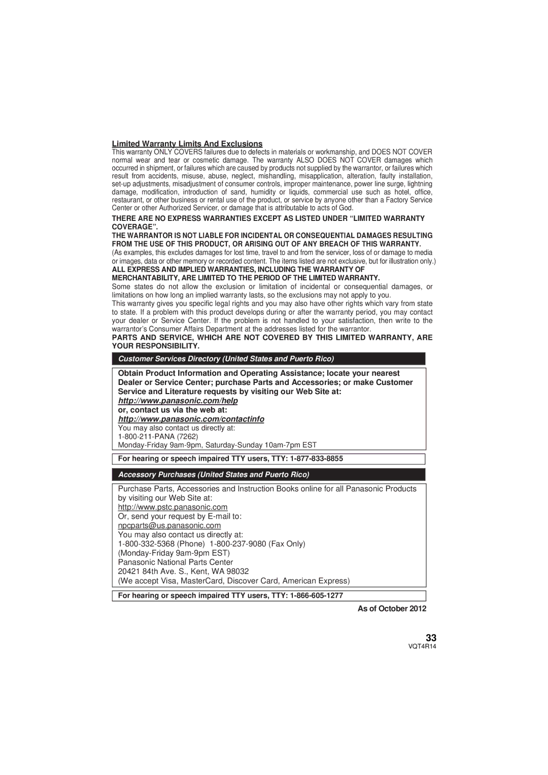 Panasonic HC-X910, HC_X902, HC-902M Limited Warranty Limits And Exclusions, For hearing or speech impaired TTY users, TTY 