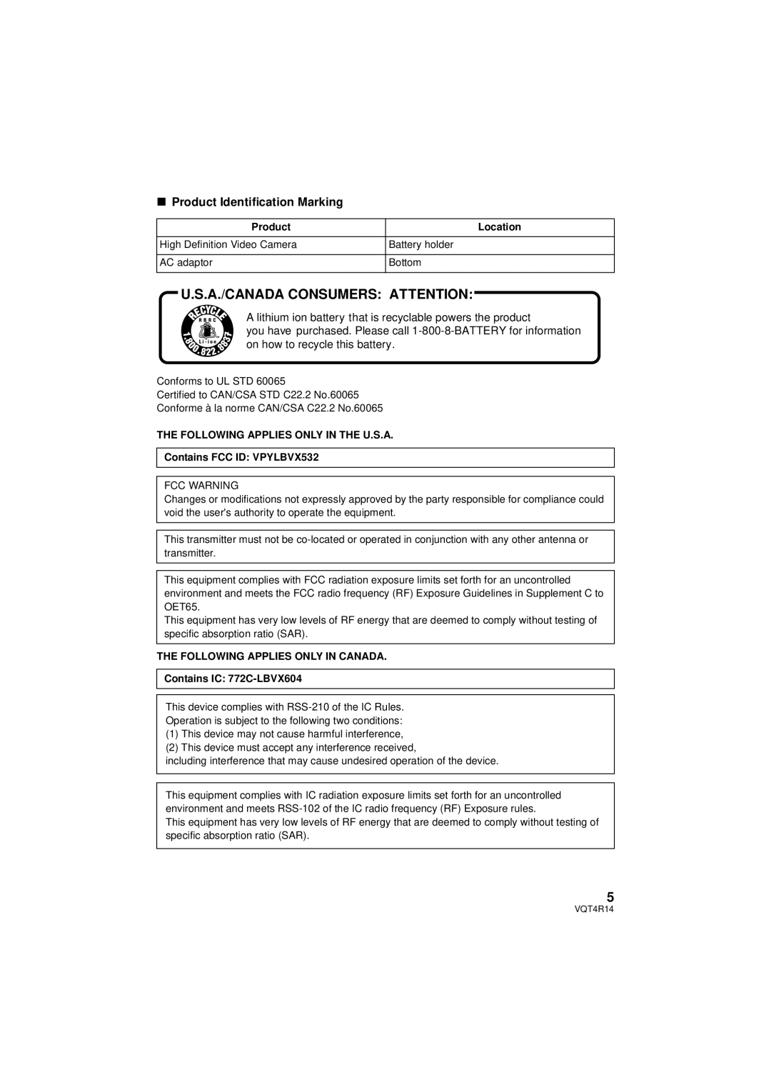 Panasonic HC-902M Product Identification Marking, Product Location, Contains FCC ID VPYLBVX532, Contains IC 772C-LBVX604 