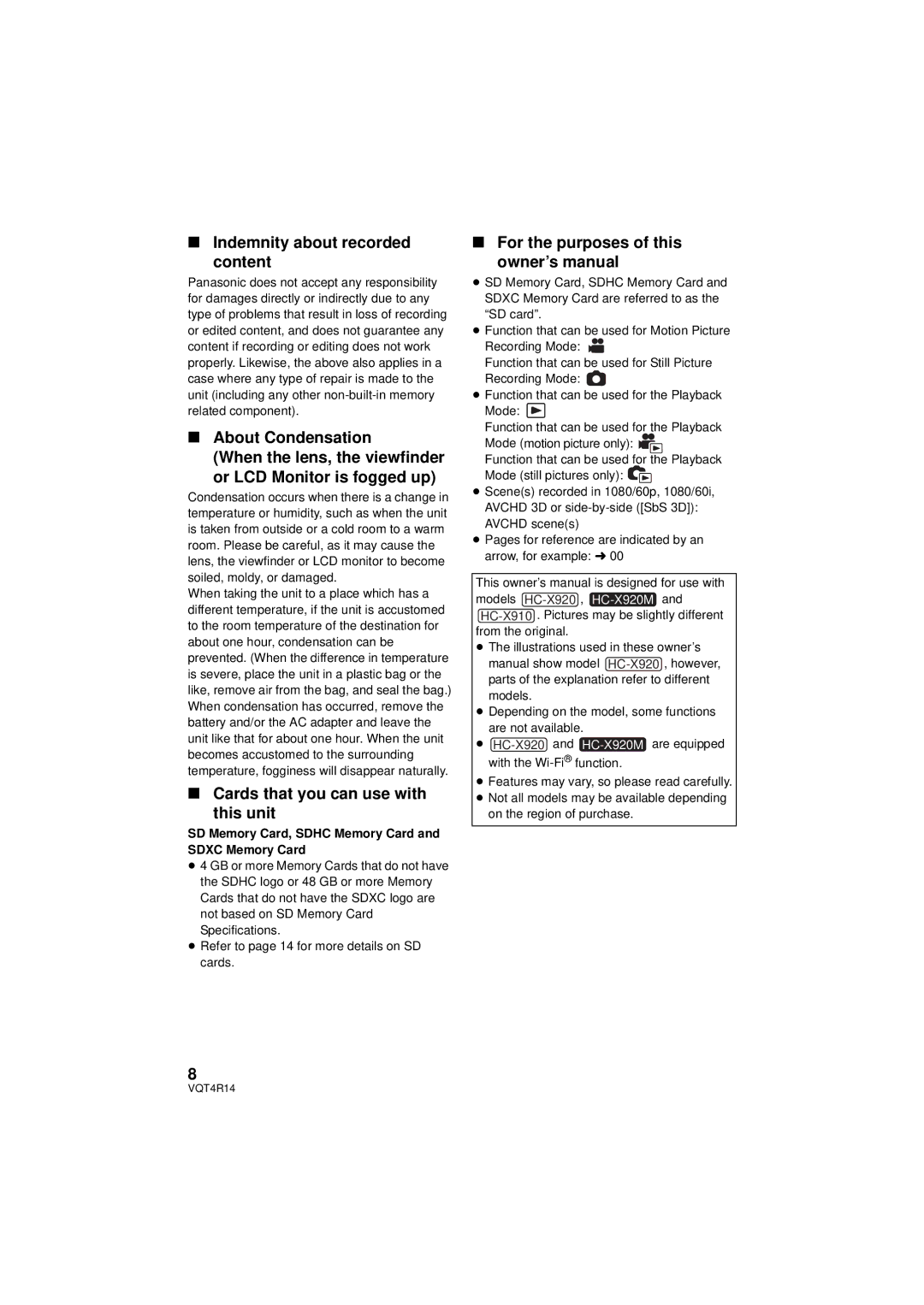 Panasonic HC-902M Indemnity about recorded Content, Cards that you can use with This unit, For the purposes of this 