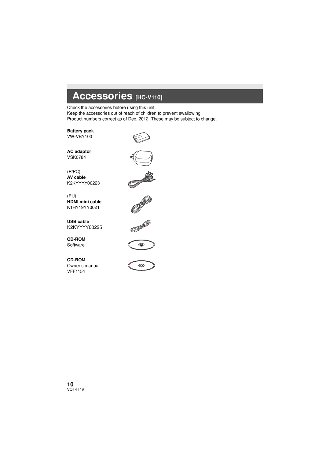 Panasonic HCV201K, HC-V210M, HC-V201 owner manual Accessories HC-V110, AV cable K2KYYYY00223 Hdmi mini cable 