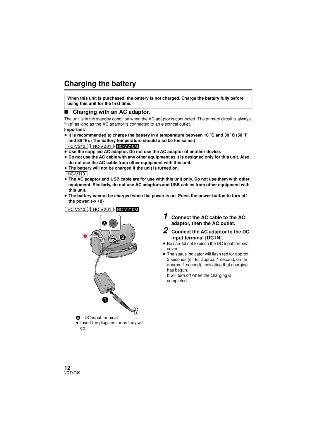 Panasonic HC-V210 Charging the battery, Charging with an AC adaptor, Adaptor, then the AC outlet, Input terminal DC 
