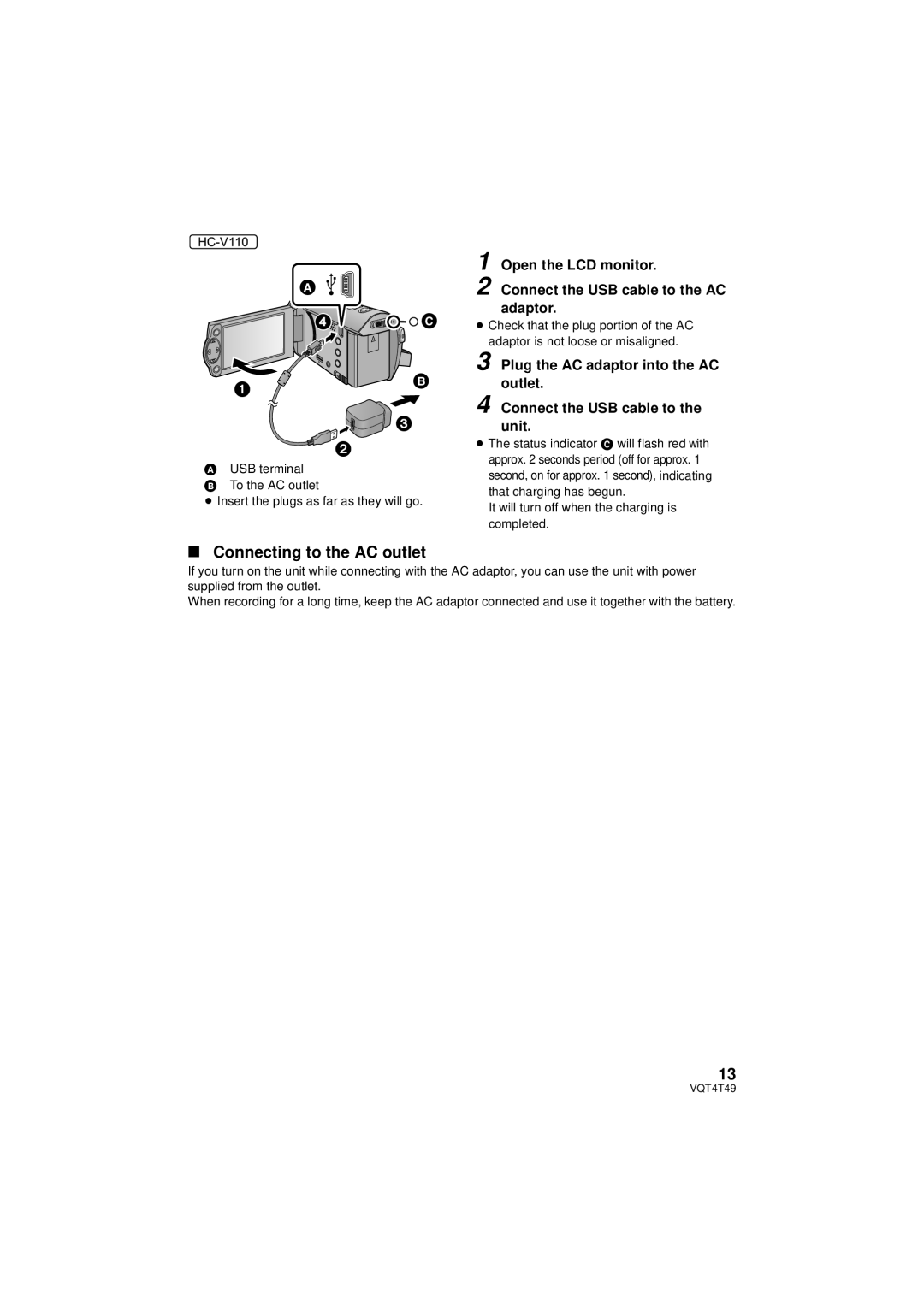 Panasonic HC-V201, HCV201K, HC-V210M, HC-V110 owner manual Connecting to the AC outlet 