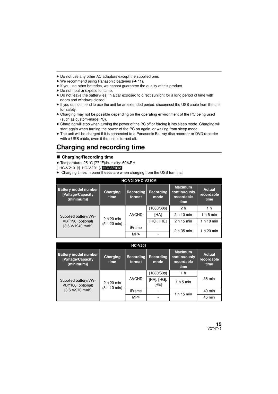 Panasonic HCV201K, HC-V210M, HC-V201, HC-V110 owner manual Charging and recording time, Charging/Recording time 