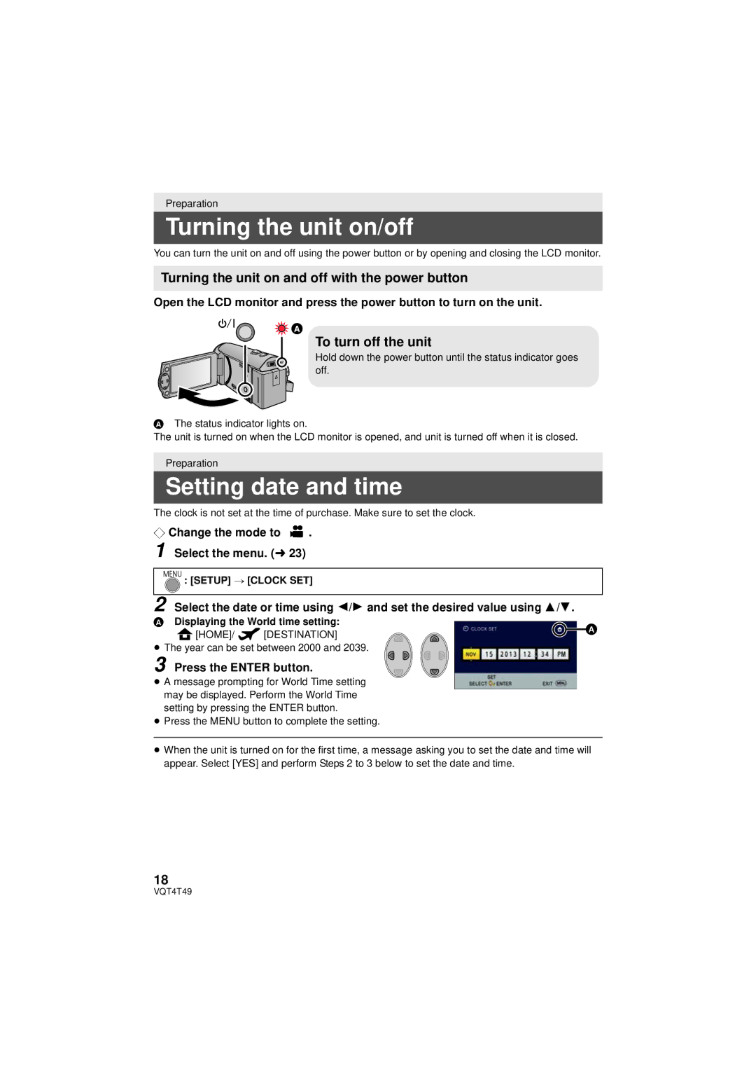 Panasonic HC-V201 Turning the unit on/off, Setting date and time, Turning the unit on and off with the power button 