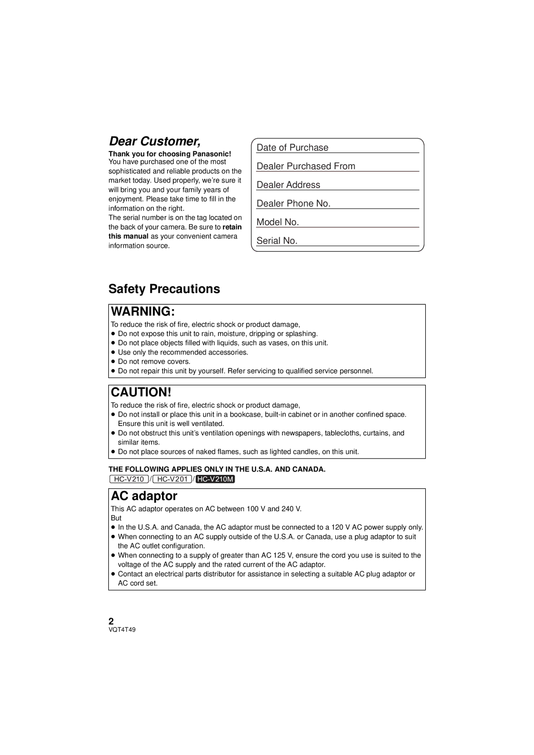 Panasonic HCV201K, HC-V210M, HC-V201, HC-V110 owner manual Safety Precautions, AC adaptor 