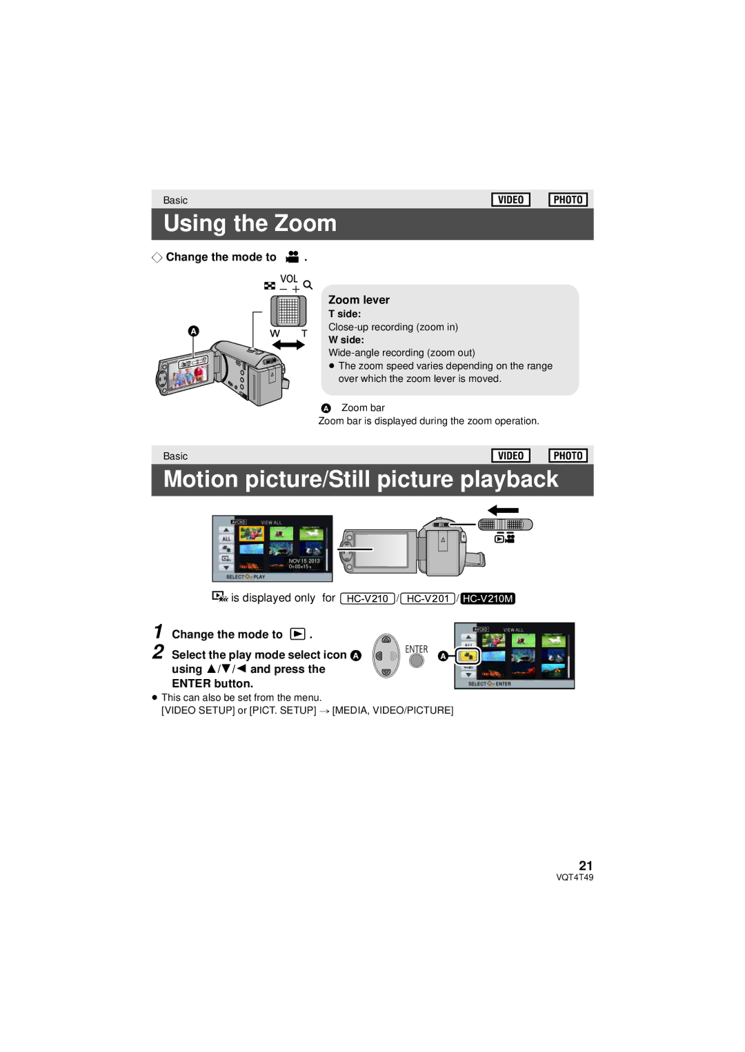 Panasonic HC-V210M, HCV201K Using the Zoom, Motion picture/Still picture playback, ¬ Change the mode to, Zoom lever, Side 