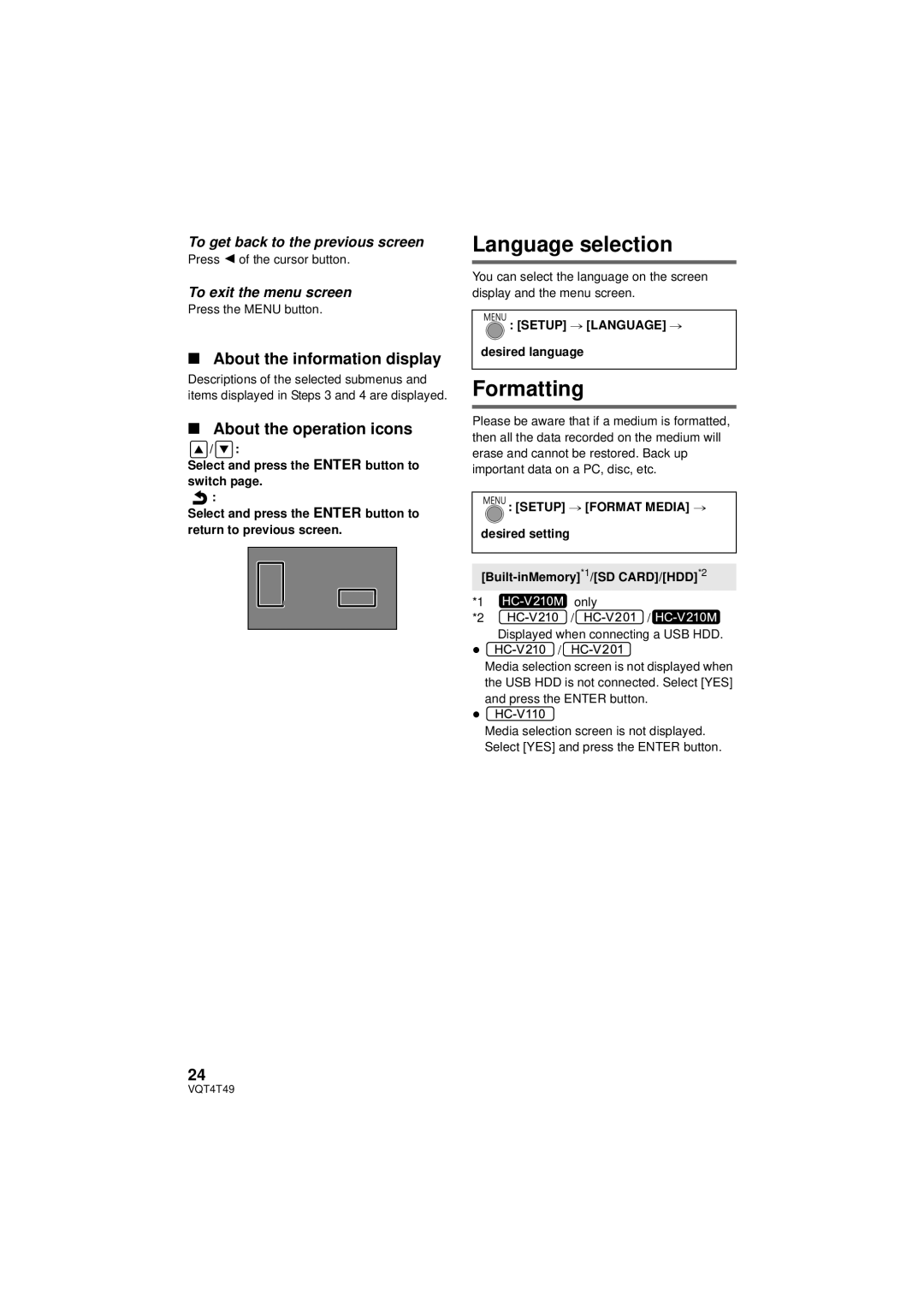 Panasonic HC-V110, HCV201K Language selection, Formatting, About the information display, About the operation icons 