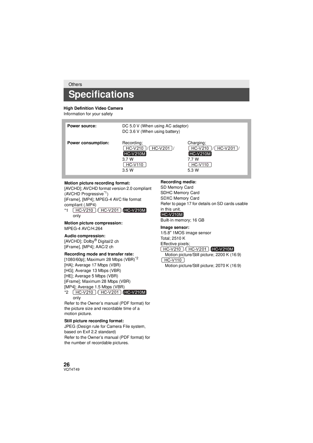 Panasonic HC-V210M, HCV201K, HC-V201, HC-V110 owner manual Specifications 